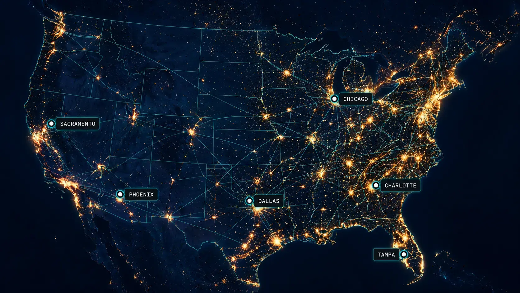 United States freight coverage map at night